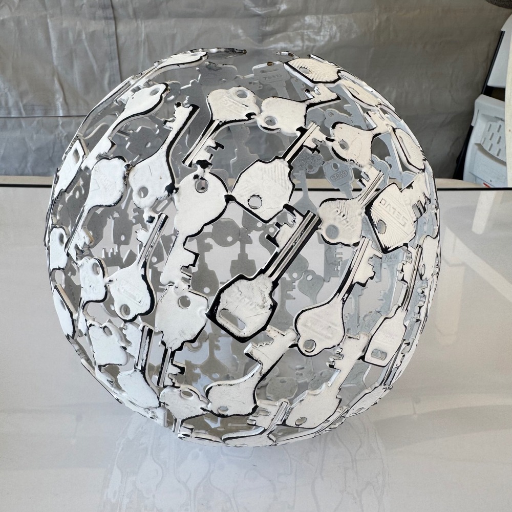 Handmade Metal Key Sphere Sculpture Industrial Art Decor White Distressed 8.5"